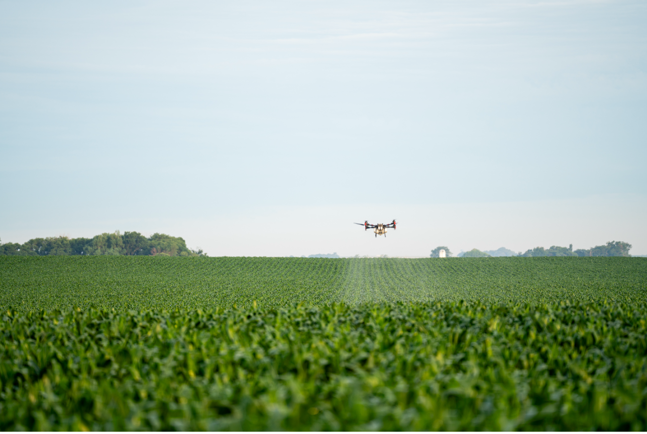 Drone application of alignN® to a field in the Midwest.