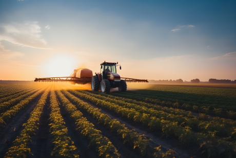 Tractor fertilizing crops